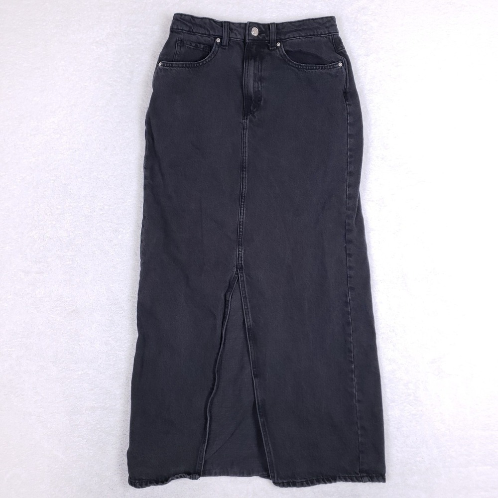 Mango Charcoal Black Maxi Denim Skirt with Front Slit